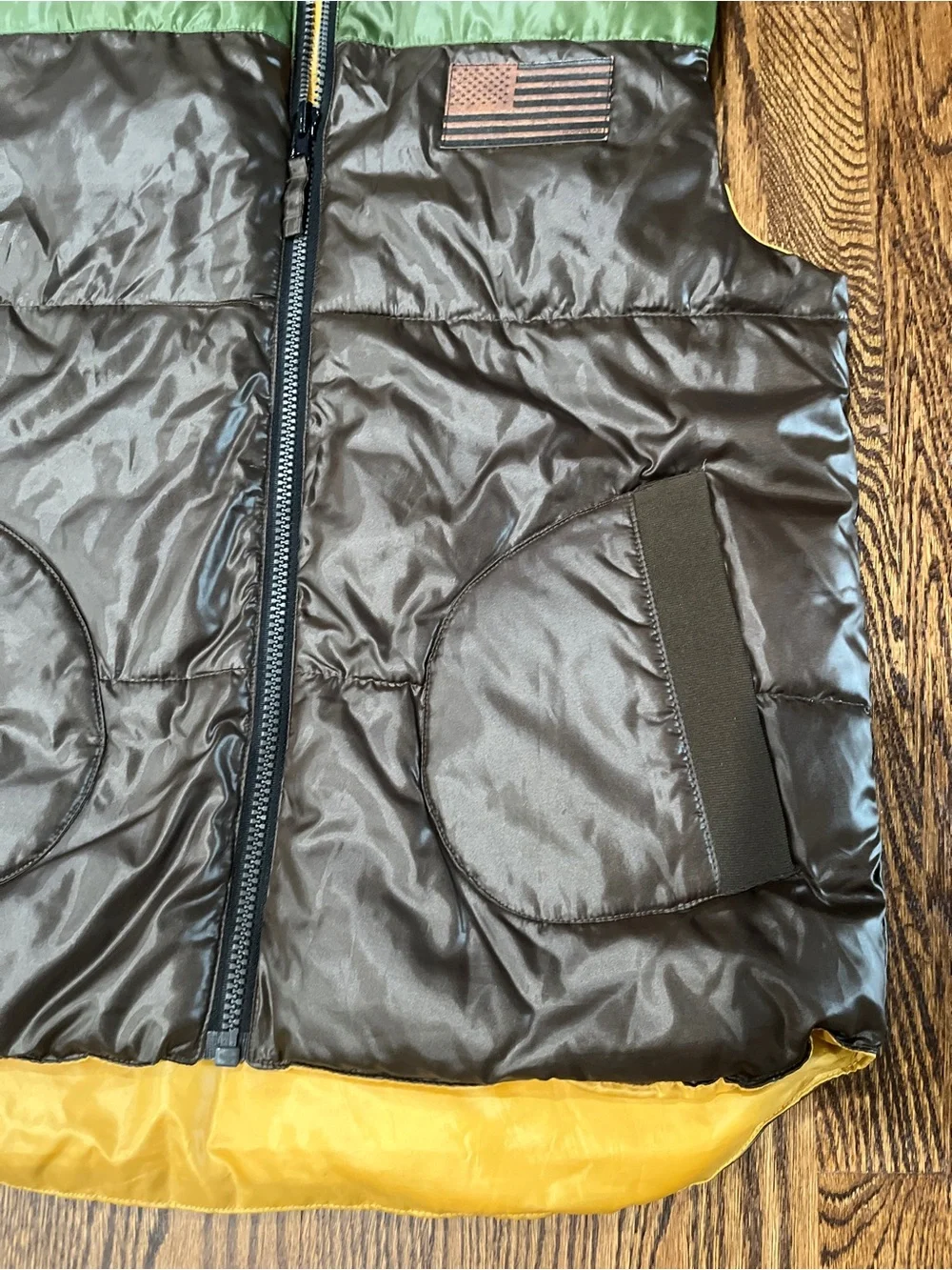 Rocawear Classic Sleeveless Puffer Vest with Hood in Olive, Brown, and Yellow